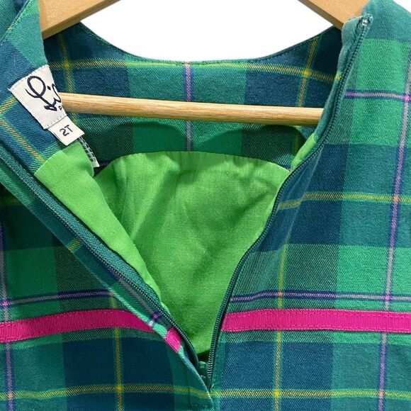 Lilly Pulitzer Girls 2T Green Plaid Preppy Dress Scalloped, Pink Bow, Lined - Picture 5 of 9